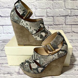 New JOAN & DAVID Wedge Sandals Size 7.5 BLACK White SNAKE Print LEATHER $225
